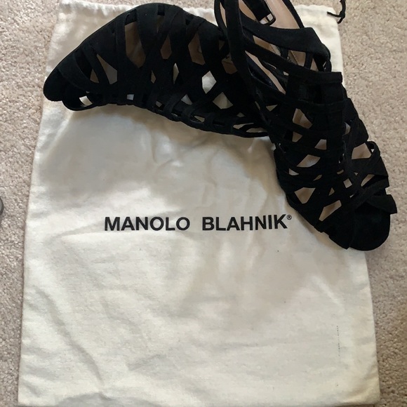Manolo Blahnik black suede multi strap sandals high heels VGUC 4” size 37 US 7 - Picture 14 of 14